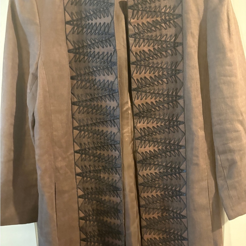 Linda Allard Ellen Tracy Embroidered Long Open Front Jacket w/ Pockets Size 10 - Picture 11 of 16